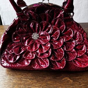 Y2K Red Patent Croc Flower Handbag Rhinestone Kiss Loc Party Purse, Faux Croc
